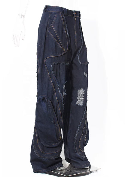 OUDINA Wholesale Women'S Clothing Baggy Distressed Ripped Straight Wide Leg Jean Casual Washed Denim Cargo Women'S Jeans