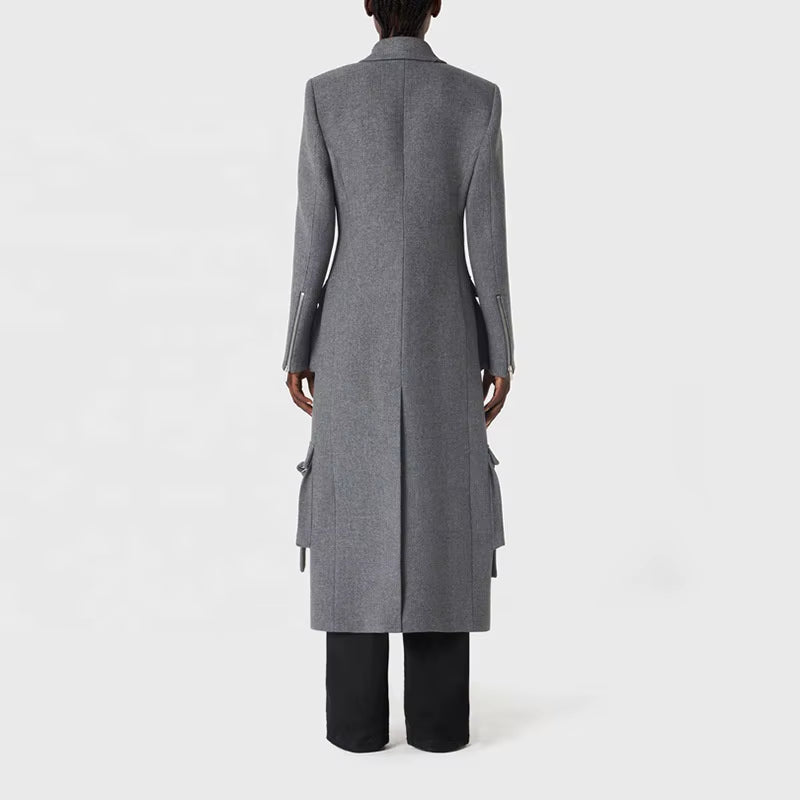 OUDINA 2023 New Style Fashionable Multi-Pocket Decorative Design Suit Jacket Slimming Long Coat for Women Blazer