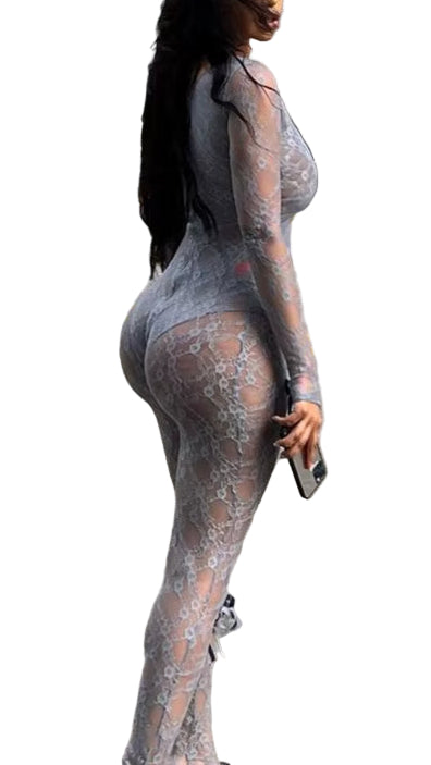  See-Through Jacquard One Piece Bodycon Lace Jumpsuit