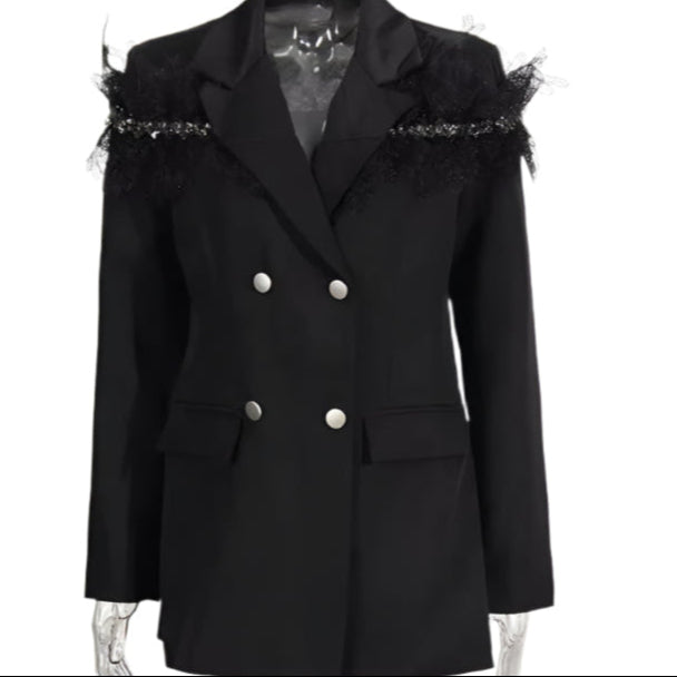 OUDINA Temperament Splice Translucent Mesh Lace Ladies Jackets Fashion Contrast Color Blazers Elegant Women'S Suits Blazers