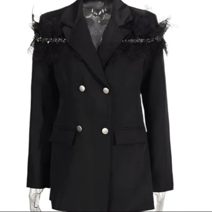 OUDINA Temperament Splice Translucent Mesh Lace Ladies Jackets Fashion Contrast Color Blazers Elegant Women'S Suits Blazers