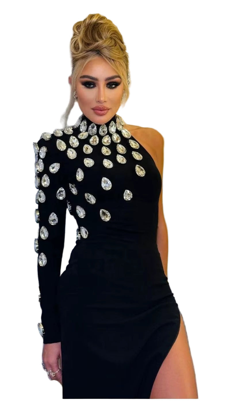 OUDINA Temperament Knotted Women'S Clothing Long Sleeve Party Long Evening Diamond Rhinestones Bandage Dresses