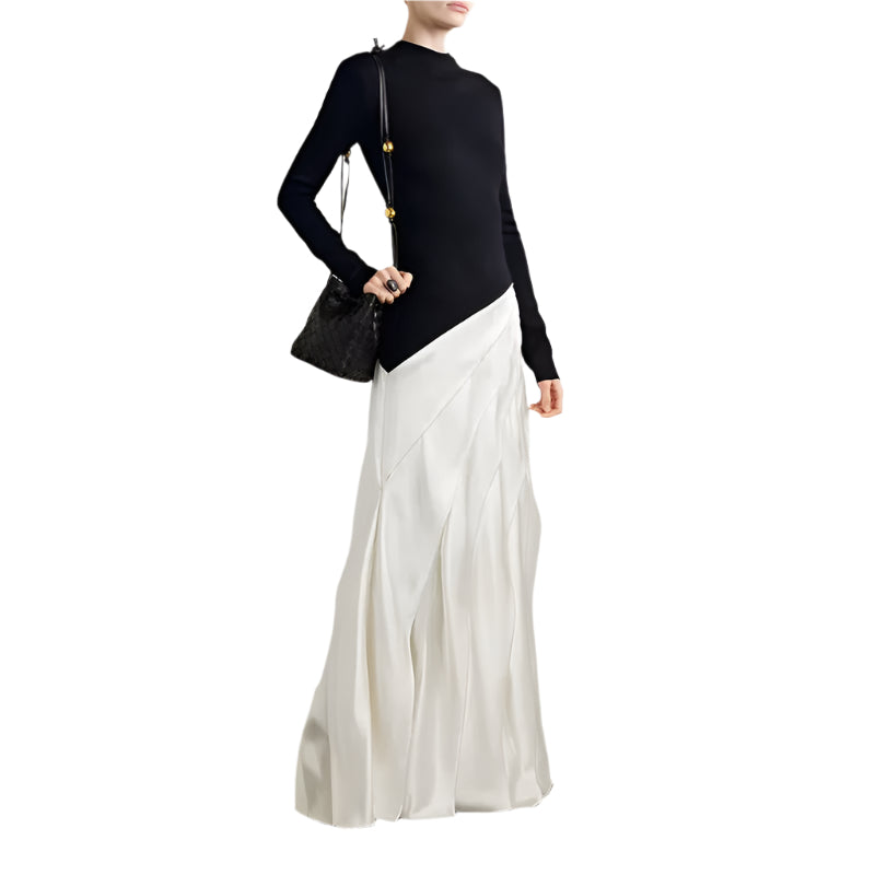 Contrast Color Stitch Pleated Elastic Dress