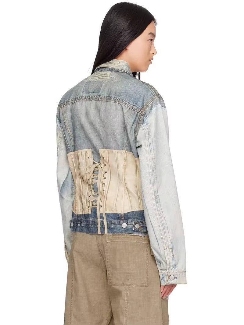OUDINA Street Fashion Casual Patchwork Leisure Vintage Print Jean Jackets Denim Jacket for Women