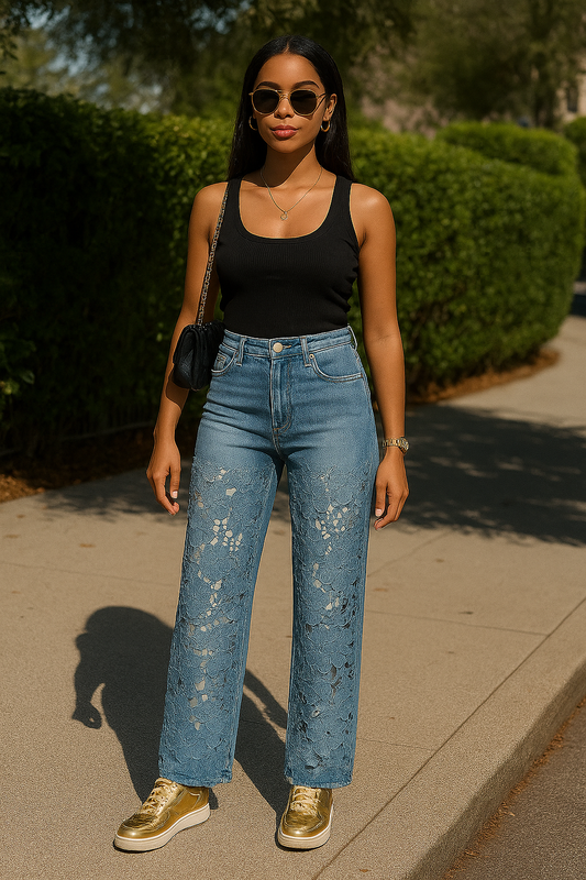 Foral Lace Panel High-Waist Jeans