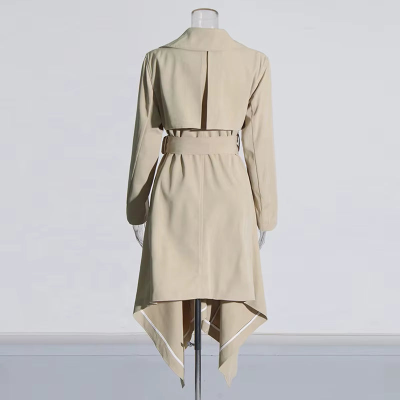 OUDINA Fashion Elegant Solid Splicing Belt Asymmetric Long Women'S Coat Casual Women Trench Coat