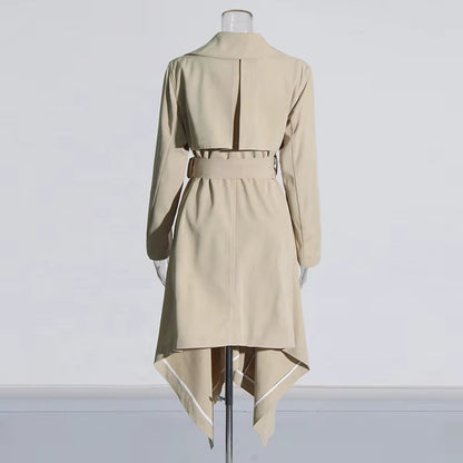OUDINA Fashion Elegant Solid Splicing Belt Asymmetric Long Women'S Coat Casual Women Trench Coat