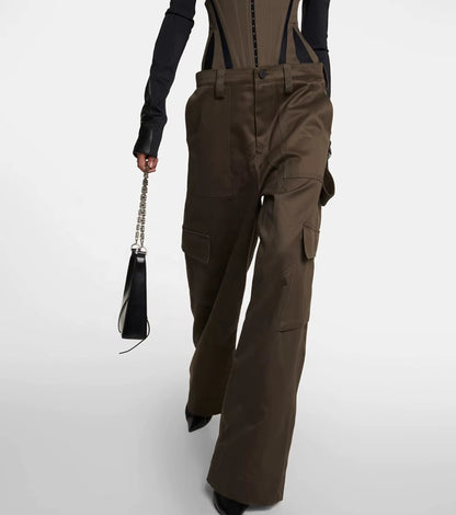 OUDINA Streetwear Wholesale Fishbone Stereotyped Green Loose High Waist Wide Leg Pants Trousers Womens Cargo Pants