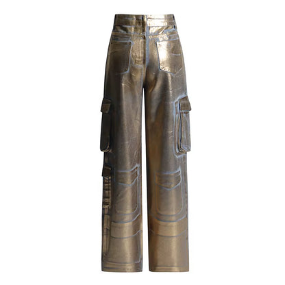 OUDINA Fashionable Workwear Style Straight Leg Pants New Design Hot Stamping Multi Pocket High-Waisted Jeans for Women