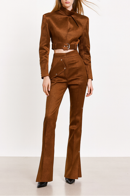 Chic Caramel Noir 2-Piece Pants and Short Jacket Set for Effortless Style