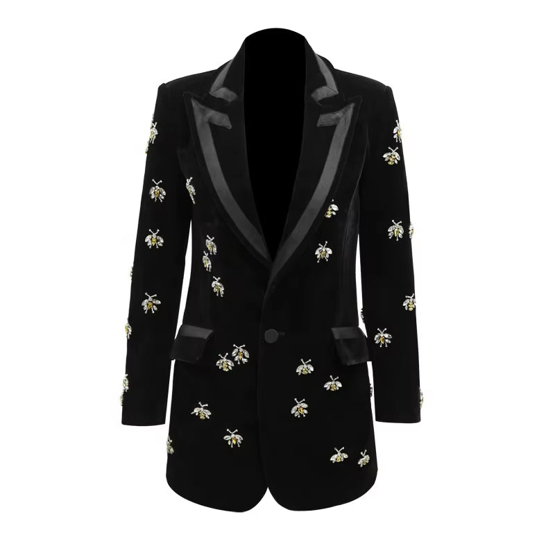 OUDINA High Quality Stylish Bee Beaded Suit Jacket Velvet Blazers Women Mujer Arket Blazer