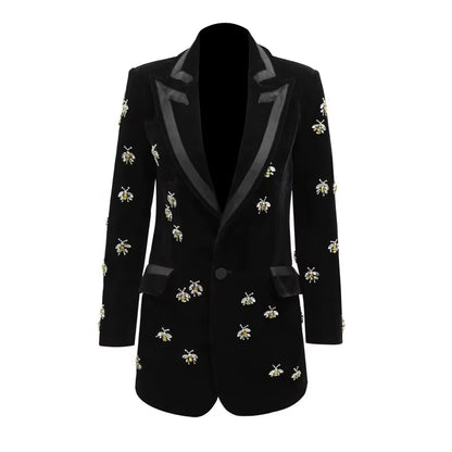 OUDINA High Quality Stylish Bee Beaded Suit Jacket Velvet Blazers Women Mujer Arket Blazer