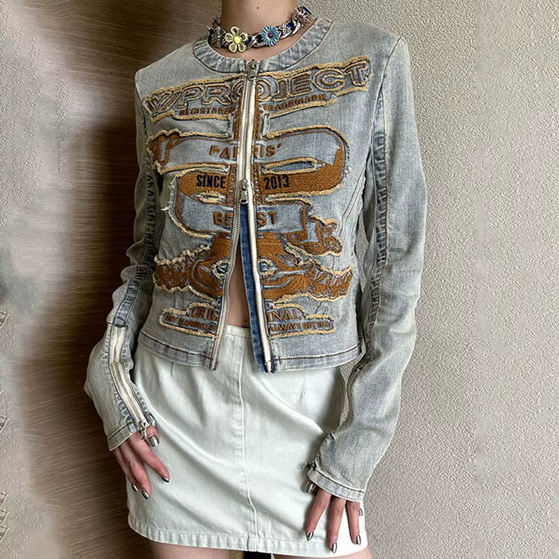 OUDINA American High Street Vintage Jean Jackets 2023 New Heavy Industry Embroidered Denim Jacket for Women