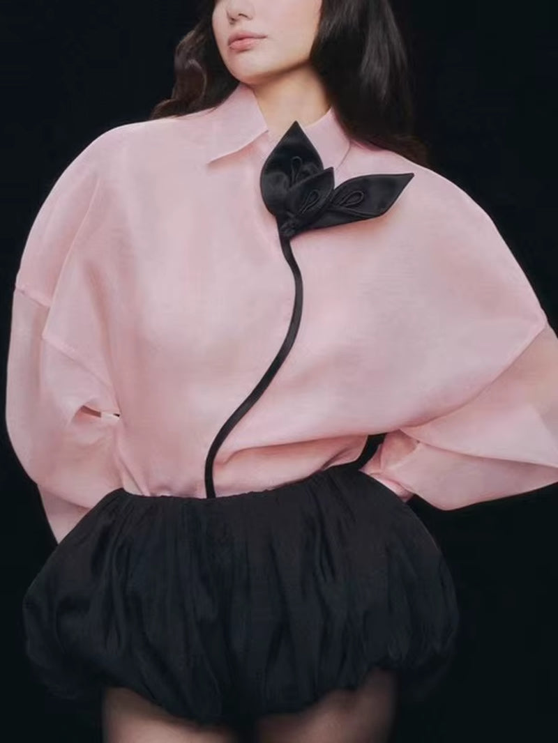 OUDINA Boutique Sweet Style See through Lantern Sleeve Casual Elegant Loose Tops and Blouses Shirts for Women