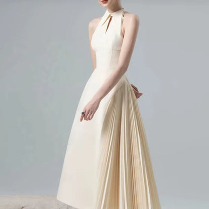 OUDINA Fashionable Elegant Lapel Hollow Splice Pleated Sleeveless Dress Simple Long Dresses for Ladies