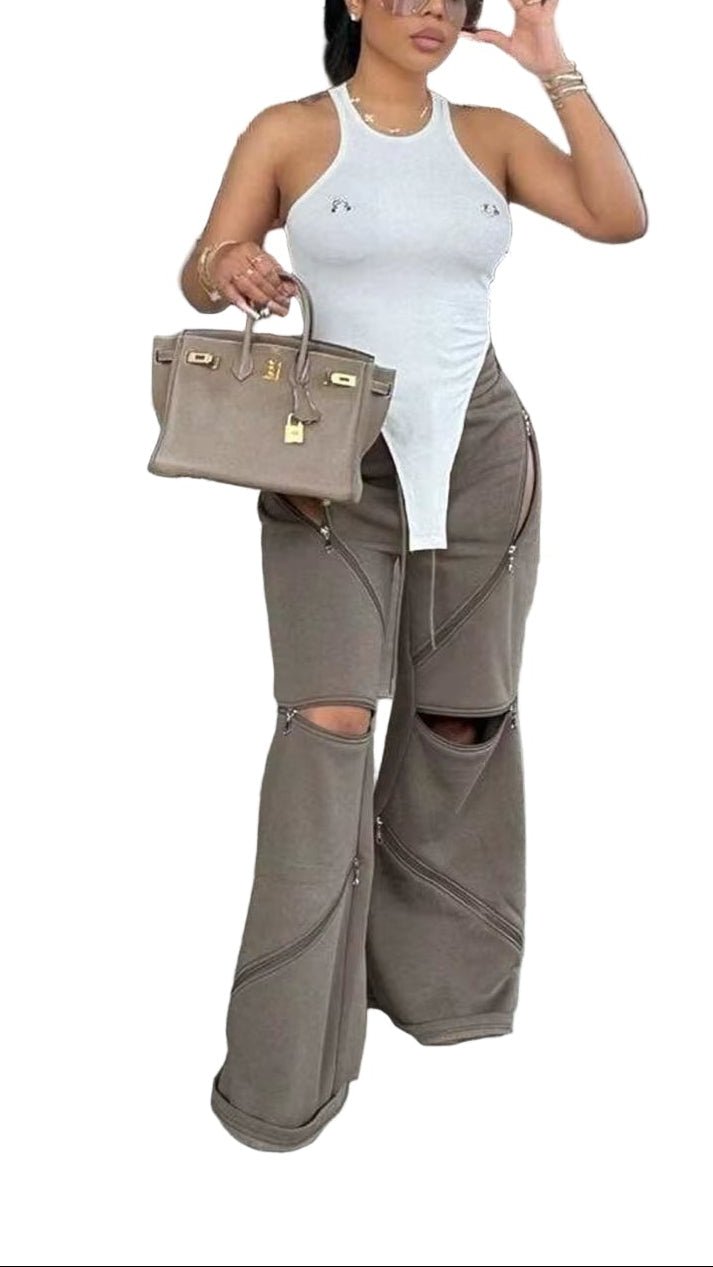 OUDINA Fashion Simple Mid-Waist Solid Drawstring Pants Loose Ladies Pants Casual Women'S Pants