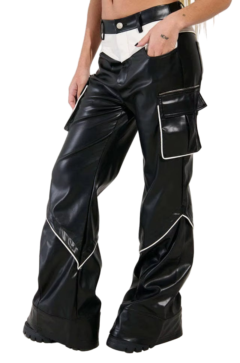 OUDINA in Stock New Fashion Casual Splice Straight Pants Contrasting Colors Women Pants PU Wide Leg Pants