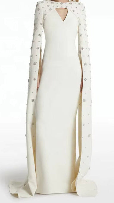 Beaded Diamond Long Cape Sleeve Maxi Dress 