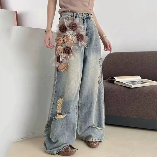 OUDINA New American Fashion Jeans Wave Fractal Structure Straight Leg Pants High Waist Denim Pants for Women