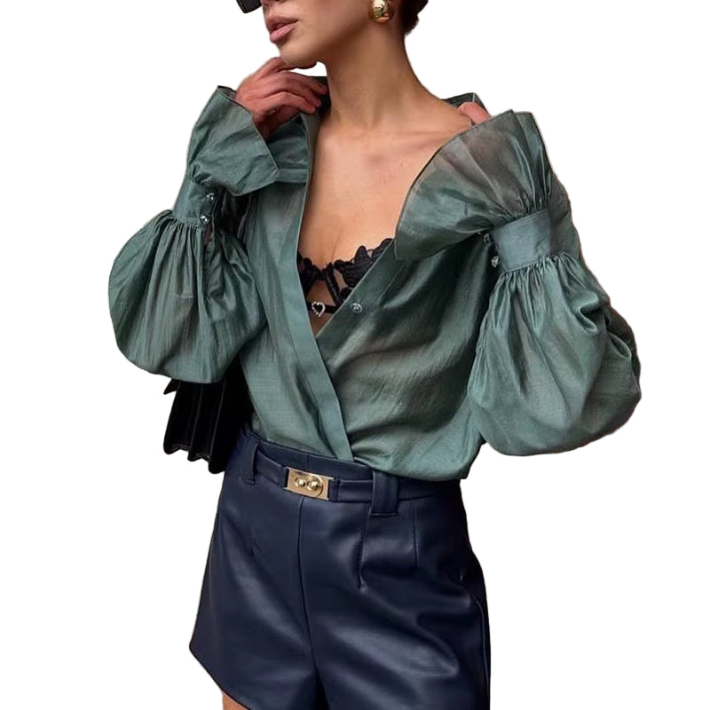 OUDINA Trendy Sexy Long Sleeve Shirt New Style Backless Lace-Up Slimming Solid Color Blouses for Women