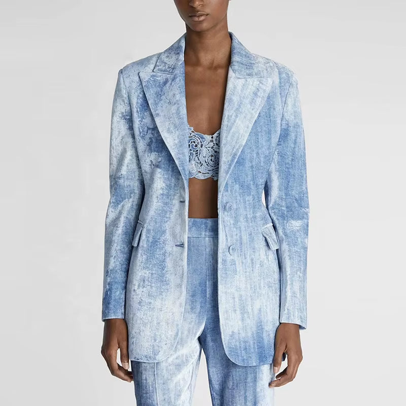 OUDINA Customize OEM&ODM Two Piece Tie Dye Print Mid-Length Suit Blazer Sets Jacket Elegant Pants Women'S Suit