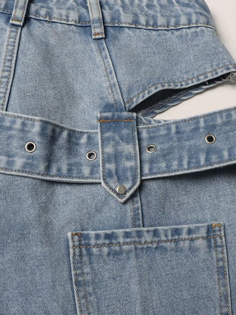 OUDINA Hot Style New Straight Fit Jeans Sexy Hollow Waist-Baring Lace-Up Denim Solid Color Pants for Women
