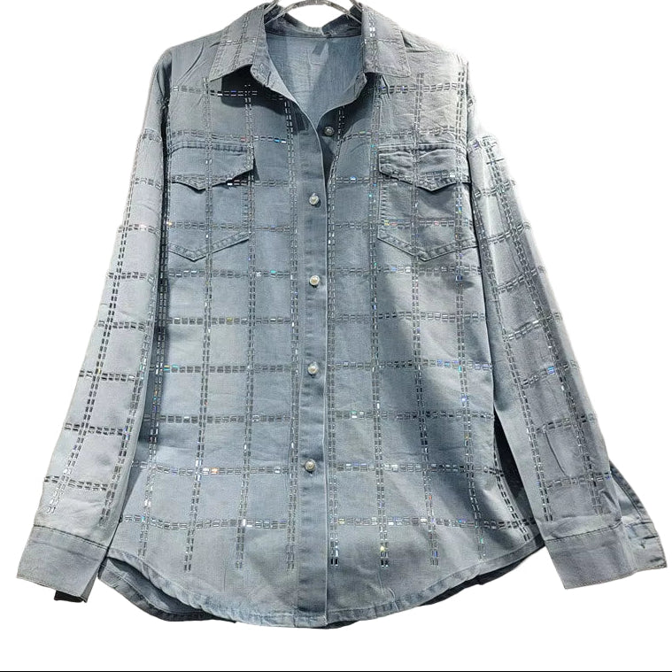 OUDINA Fashion Loose Casual Denim Jacket Set Rhinestones Sparkling Plaid Jeans Set Two Piece Pants Sets