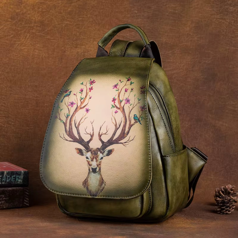 Original Design Animal Print Cowhide Leather Bag Backpack Retro Handmade Travel Bag Ladies Genuine Leather Backpack for Women