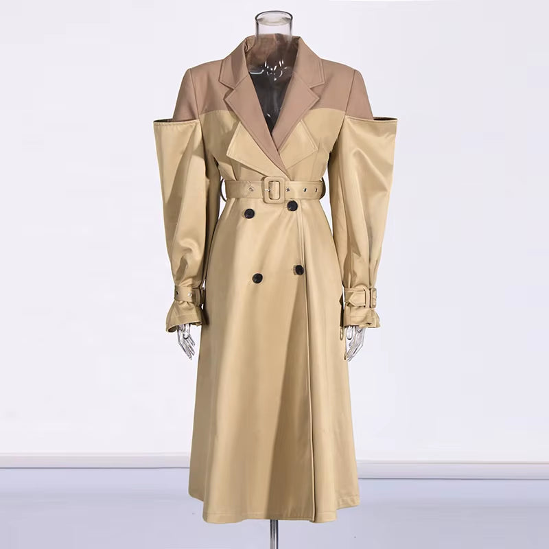 OUDINA Fashion Splice Contrast Color Long Double-Breasted Sashes Elegant Coat Casual Trench Coat Simple Women'S Coats