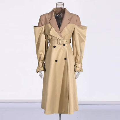 OUDINA Fashion Splice Contrast Color Long Double-Breasted Sashes Elegant Coat Casual Trench Coat Simple Women'S Coats