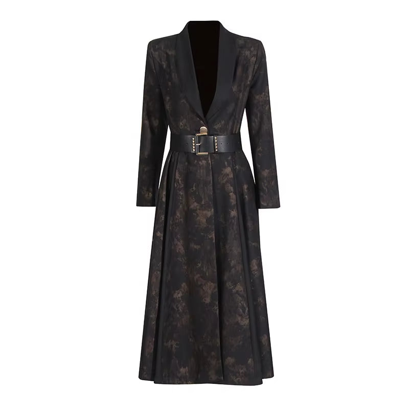 OUDINA Fashion High-End V-Neck Belt Print Long Lady Trench Coats Elegant Trench Coat Women Casual Coats