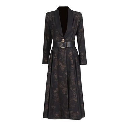 OUDINA Fashion High-End V-Neck Belt Print Long Lady Trench Coats Elegant Trench Coat Women Casual Coats