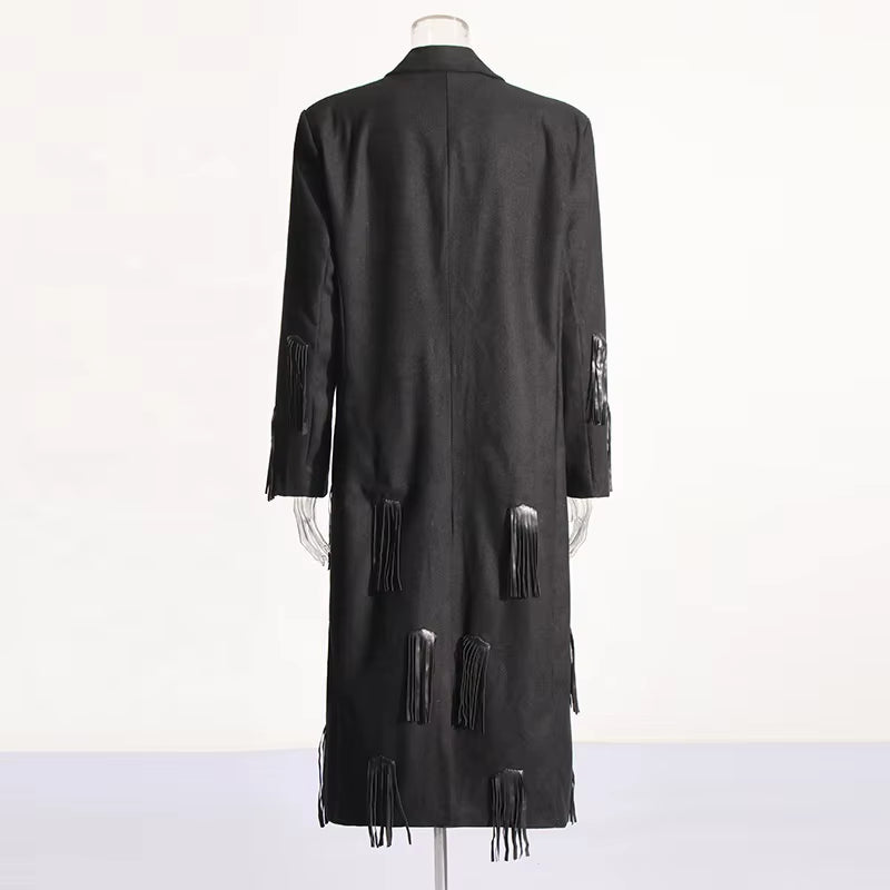 OUDINA Australian Show Style Fashion Spring New Design Leather Splicing Tassel Windbreaker Women'S Long Coat