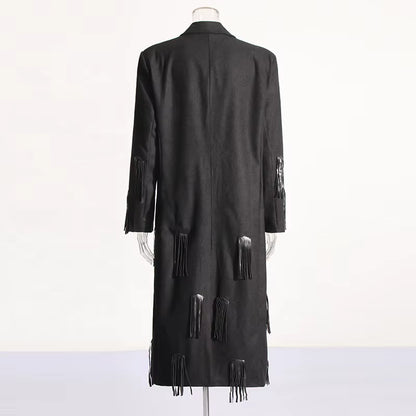 OUDINA Australian Show Style Fashion Spring New Design Leather Splicing Tassel Windbreaker Women'S Long Coat