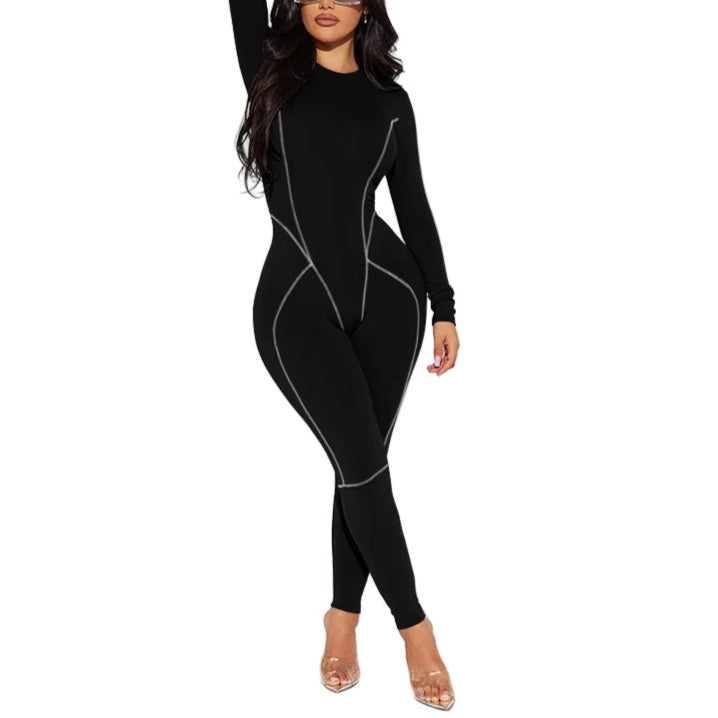 OUDINA Fashion Printing round Neck Long Sleeve High Waist Tights Rompers Jumpsuit Women