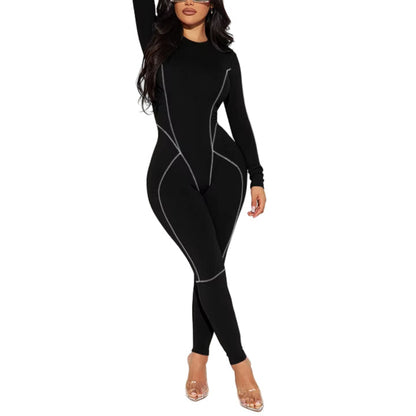 OUDINA Fashion Printing round Neck Long Sleeve High Waist Tights Rompers Jumpsuit Women