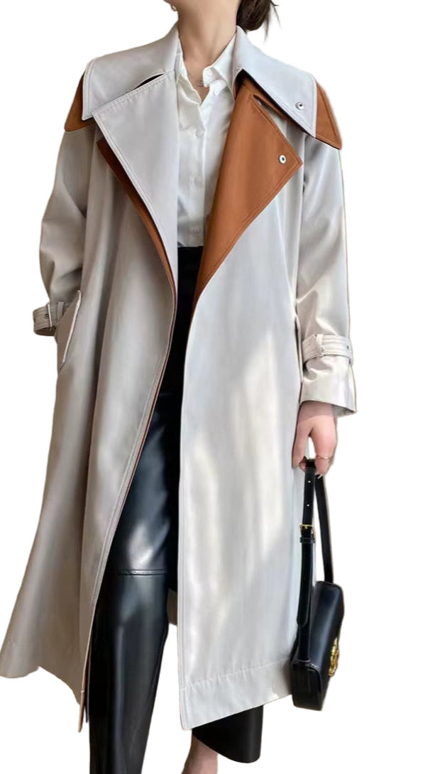 OUDINA Korean Long Coat for Women Popular Contrasting Patchwork Casual Windbreaker Jacket Women'S Trench Coats