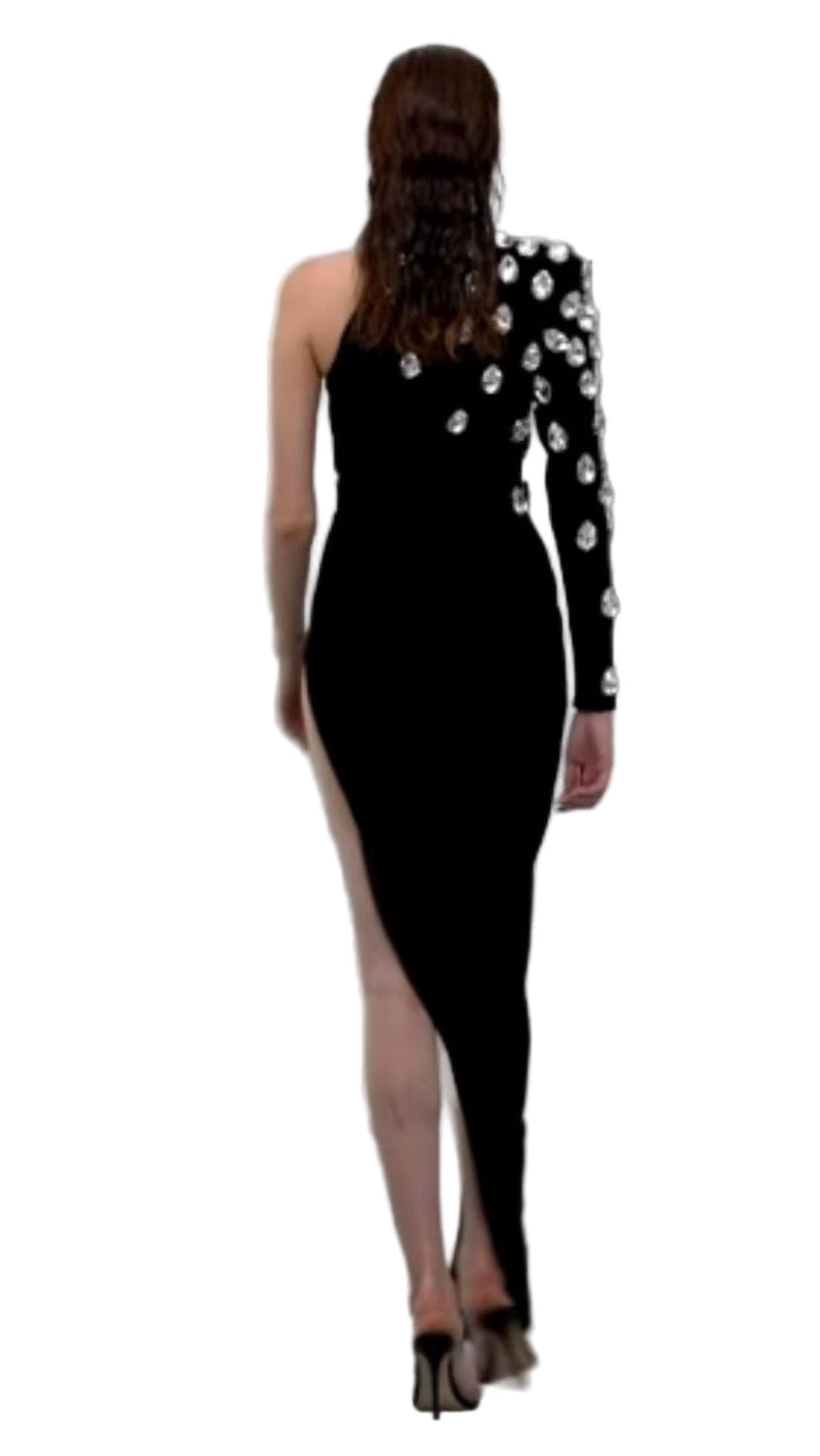 OUDINA Temperament Knotted Women'S Clothing Long Sleeve Party Long Evening Diamond Rhinestones Bandage Dresses