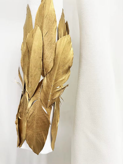 OUDINA Ready Stock 3XL plus Size Gold Feather Decoration Long Dresses Dinner Party Elegant Evening Dress for Women