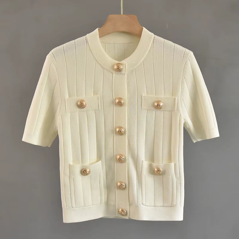 OUDINA Summer French Casual Elegant Button Short Sleeve Cardigan Top Women'S Knitted Sweater