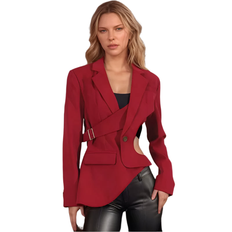 OUDINA Fashion New Elegant Burgundy Irregular Splice Hollow Women'S Suit Blazer Simple Ladies Jacket Solid Women Blazer