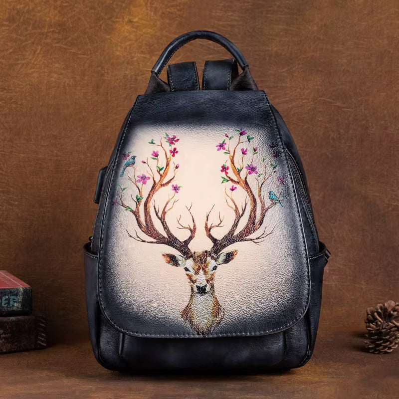 Original Design Animal Print Cowhide Leather Bag Backpack Retro Handmade Travel Bag Ladies Genuine Leather Backpack for Women