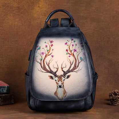 Original Design Animal Print Cowhide Leather Bag Backpack Retro Handmade Travel Bag Ladies Genuine Leather Backpack for Women