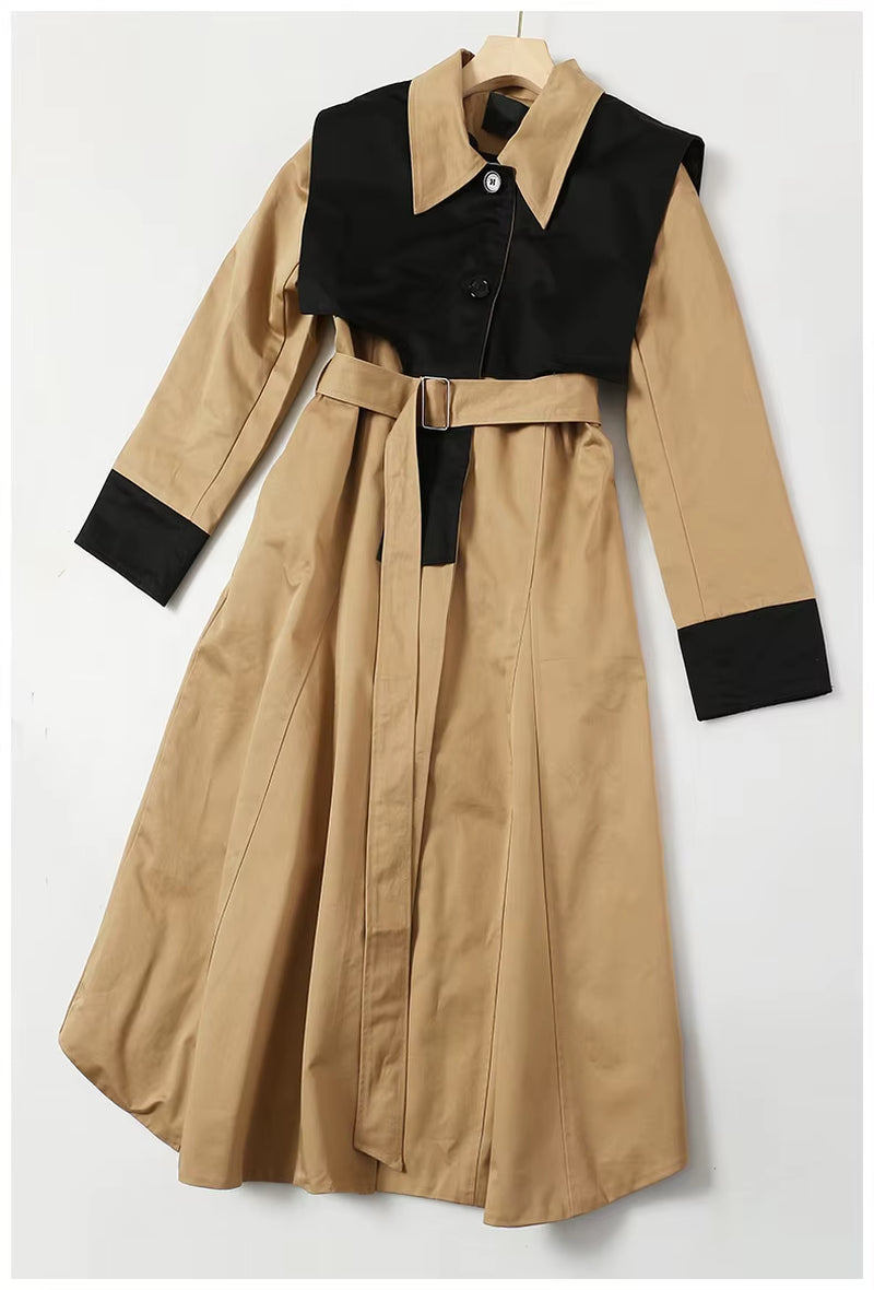OUDINA New Arrivals Shawl-Style Irregular Contrast Color Winter Long Coat Tan Windbreaker Jacket for Ladies Women Trench Coats