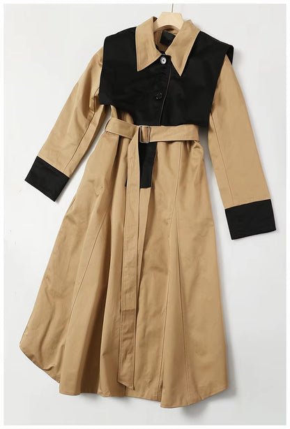 OUDINA New Arrivals Shawl-Style Irregular Contrast Color Winter Long Coat Tan Windbreaker Jacket for Ladies Women Trench Coats