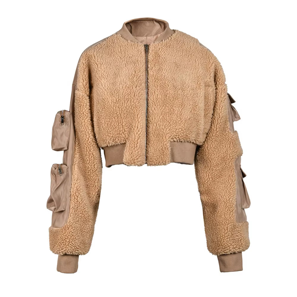 OUDINA Fashionable Multi-Pocket Fur Zipper Lamb Wool Winter Flight Jackets Cargo Coat Women Bomber Jacket
