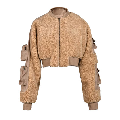 OUDINA Fashionable Multi-Pocket Fur Zipper Lamb Wool Winter Flight Jackets Cargo Coat Women Bomber Jacket