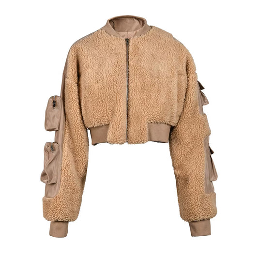 OUDINA Fashionable Multi-Pocket Fur Zipper Lamb Wool Winter Flight Jackets Cargo Coat Women Bomber Jacket