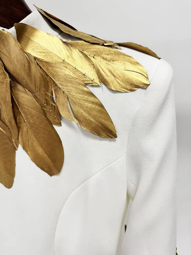 OUDINA Ready Stock 3XL plus Size Gold Feather Decoration Long Dresses Dinner Party Elegant Evening Dress for Women