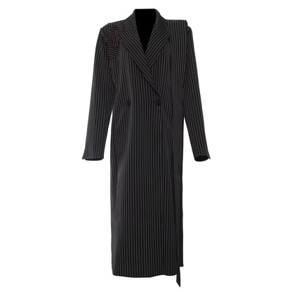 OUDINA Fashion Winter Long Stripes Embroidery Flower Splicing Trench Coat Casual Women Trench Elegant Woman'S Coats